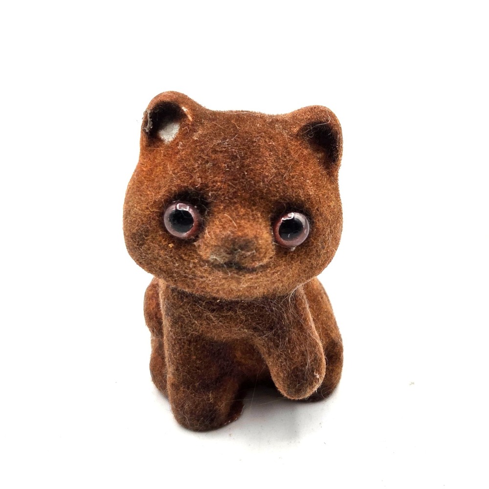 Vintage Russ Berrie Co Fuzzy Friends Brown Flocked Kitten Cat Figurine